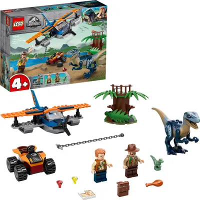 Produktbild von LEGO 75942 Jurassic World Velociraptor: Rettungsmission mit dem Doppeldecker, Spielzeug ab 4 Jahre mit Flugzeug und Dinosaurier-Figuren