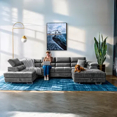 Produktbild von Sofiland Aller XXL U-Form Ecksofa Links mit Schlaffunktion, Couchgarnitur mit 2 Bettkästen, Wohnzimmersofa GRAU MONOLITH 85, Sofa, Bettsofa, Couch