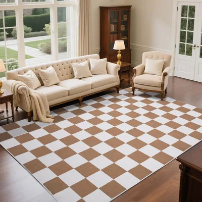 Image de Omgoods - Tapis lavable, 160 x 220 cm, motif carreaux, antidérapant, couleur marron