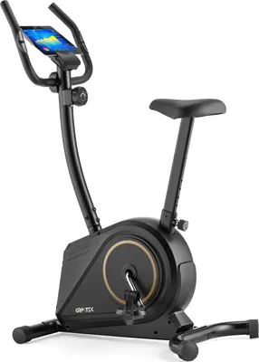 A black magnetic home trainer bicycle with a tablet holder and LCD display.