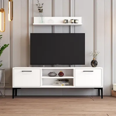 Immagine prodotto di Skye Decor, mobile TV di alta qualità, 140 x 48 x 30 cm, pannello truciolare rivestito al 100% in melamina, spessore 18 mm, con gambe in metallo, numerosi ripiani e mensola a muro (80 x 14,2 x 13,6 cm) in bianco.