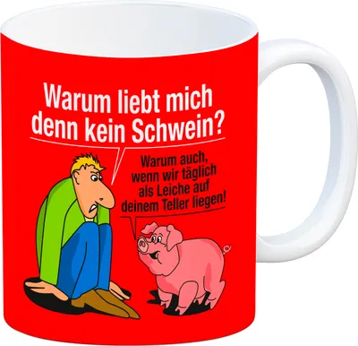 Produktbild von Kaffeebecher in rot zum Thema Fleischesser und Vegetarier mit Schweine Motiv