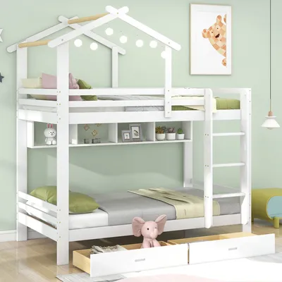 Produktbild von Fortuna Lai Kinderbett 90x200cm Etagenbett mit Schubladen und Regalen, Leiter, Fallschutz und Stauraum, Hochbett Hausbett aus Kieferholz, Weiß