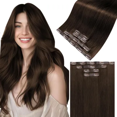 Obrázek produktu pro Clip-in prodlužovací vlasy, přírodní vlasy, hnědé, bezproblémové, 35 cm, 4 kusy, 70 g, odstín #4