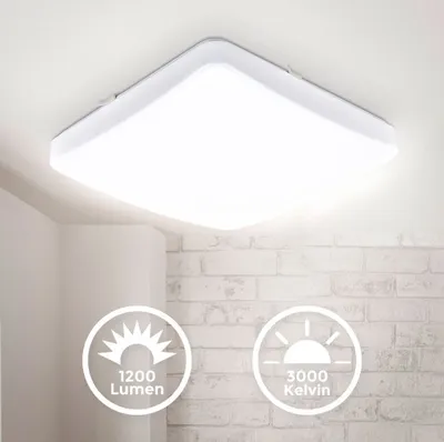 A square white LED ceiling light is mounted on a white ceiling, with a brick wall in the background. Two circular icons with text are overlaid on the bottom left and bottom right of the image.