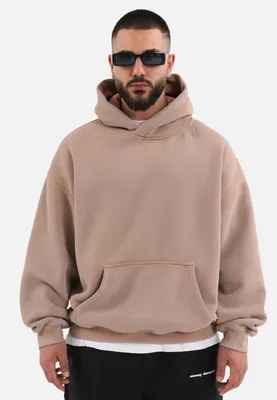 Produktbild von einfarbiger Washed Basic Oversized Hoodie | Premium Herren & Damen Kapuzenpullover Uni S Beige