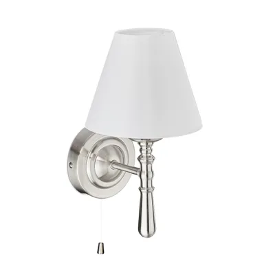 Produktbild von Relaxdays Wandlampe mit Schirm, innen, Zugschalter, Flur & Wohnzimmer, E14, Stoff, Metall, HBT 28x16x19 cm, silber/weiß