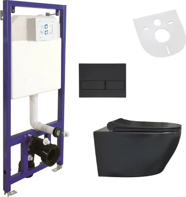 Produktbild von Belvit WC Schwarz Matt Spülrandlos Wand WC - Komplettset mit Vorwandelement, Betätigungsplatte Softclose Deckel Schallschutz