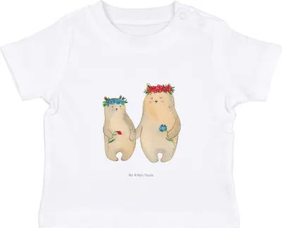 Produktbild von Mr. & Mrs. Panda Babyshirt Bären mit Blumenkranz 12. - 18. Monat - Weiß - Geschenk, Kinder, Mama,  T-Shirt, Baby Jerseyshirt, Familie, Bär, Öko, Freundinnen, Muttertag