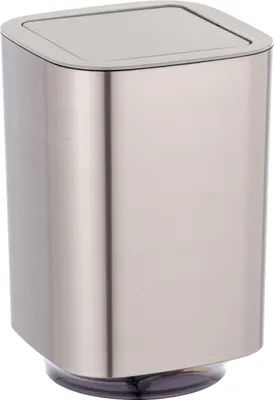 A silver trash can with a lid and a clear base.