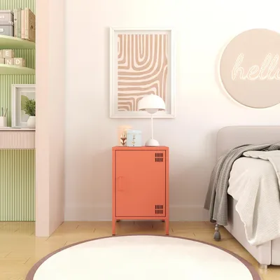 Produktbild von Furni24 Pera Metall Nachtschrank – Kommode aus Metall im Retro Design – Sideboard mit Aufbewahrung – für Schlafzimmer & Wohnzimmer – Lachsfarben