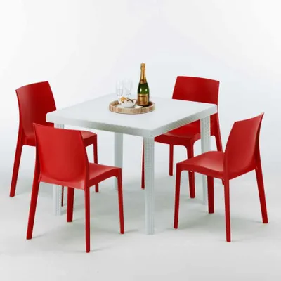 Produktbild von Weiß Quadratisch Tisch und 4 Stühle Farbiges Polypropylen-Außenmastenset Grand Soleil Rome Love - Rot