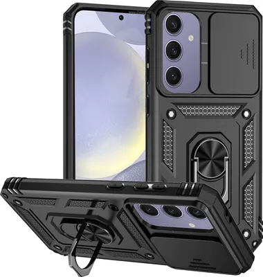 Obrázek produktu pro Pouzdro pro Samsung Galaxy S24 FE dvouvrstvé pouzdro s posuvným krytem kamery a prstencovým stojánkem Černý