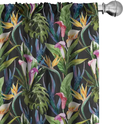 Obrázek produktu pro ABAKUHAUS Jungle Leaves Záclony, závěsy, malba Ilustrace tropických květin a listů Zeleň, 2 kusy 75 x 245 cm, koksově šedá Vícebarevná