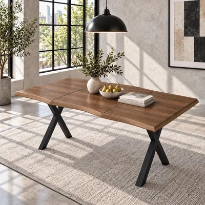 Immagine prodotto di Tavolo da pranzo, dimensioni 160x78x75 cm, per 4-6 persone, piano in legno effetto onda, gambe in metallo a forma di X, finitura noce