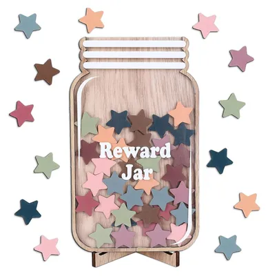Produktbild von Belohnungsglas aus Holz für Kinder, Boho-Sterne-Ausschnitte, positives Anreizverhaltensdiagramm mit Basismanagement-Tools, Dekorations-Belohnungssystem für Schüler, Lehrer, Schulunterrichtsbedarf, 38-tlg.