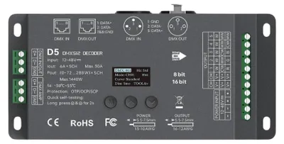 Produktbild von LTECH D5 DMX512/RDM LED Controller 5-Kanal 6A/Kanal, 12-48V DC, mit OLED Display, Konstantspannung