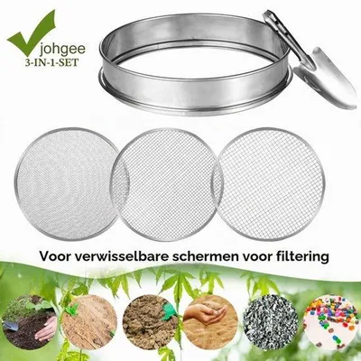 Productafbeelding van Tuinzeef, 3 tuinzeven Mesh, Bodemzeef roestvrij staal, Mesh maten 9 mm/6 mm/3 mm, 1 schop, Tuingereedschap voor aarde en stenen