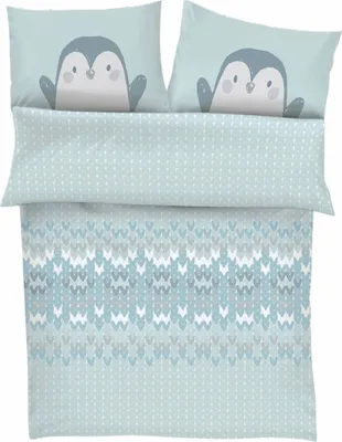 Produktbild von s.Oliver Junior Bettwäsche, 100x135 cm - mint/grau, Satinbettwäsche mit Pinguin, 100 % Baumwolle