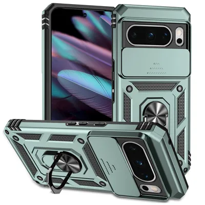 Immagine prodotto di Custodia per Google Pixel 8 Pro a doppio strato con copertura scorrevole della fotocamera e supporto ad anello verde