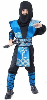 Produktbild von Ninja-Jungen-Kostüm blau-schwarz-goldfarben L 10-12 Jahre (130-140 cm)