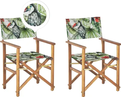 Produktbild von BELIANI Gartenstühle 2er Set Hellbraunes Akazienholz mit Wechselbarem Bezug Cremeweiß / Bunt Zusammenklappbar Tukanmuster Outdoor Gartenzubehör