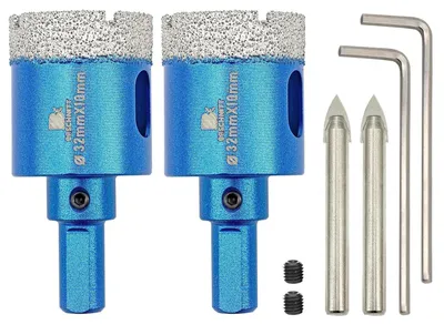 Obrázek produktu pro Diamantové vrtáky na dlaždice, 32 mm, 2 kusy. Vrtací sada s centrovacím vrtákem, trojhranná stopka pro vrtání do dlaždic, keramiky, kamene, žuly, mramoru