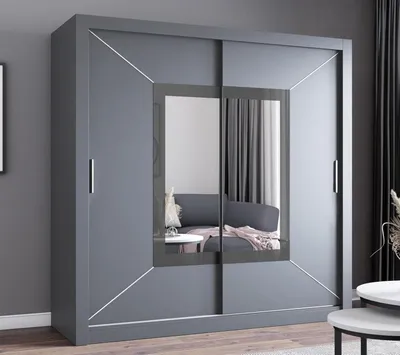 Produktbild von Krudox NIC Grau Schiebetürenschrank Kleiderschrank 150x216x62 cm mit Spiegel - Schlafzimmermöbel – Mehrzweckschrank mit 2 Kleiderstangen