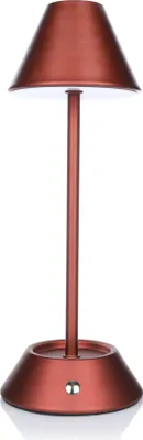 A dark red LED rechargeable table lamp with a touch function is shown against a white background.