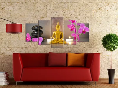 Produktbild von Akustikbild Buddha Blumen 200x100 cm Bilder Akustikschaum Hochleistungsschallabsorber Schallschutz Leinwand 5 tlg Wandbild Raumakustik Schalldämmung h-A-0024-b-n