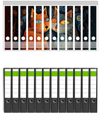 Produktbild von Wallario 12 Stück schmale Ordner inkl. Klebeetiketten mit Motive Kosmische Katzenfreunde - Set mit Rückenschildern / Ordnerrücken Stickern