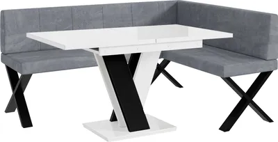 Produktbild von MEBLINI Eckbank für Esszimmer mit ausziehbarem Tisch - Küchenbank - Essecke - Sitzecke Küche - PETER - X-Beine 128x168x87cm Rechts - Grau Samt/M Weiß-Schwarz Hochgl.