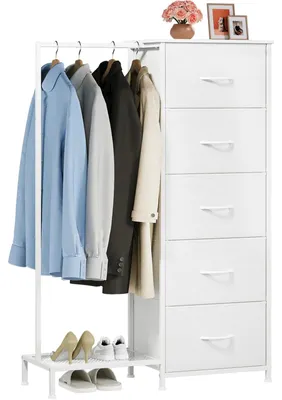 Kommode mit Kleiderstange, 5 Schubladen, Weiß, 30x79x114,5 cm