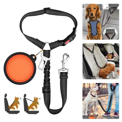 Immagine prodotto di Cintura di sicurezza per cani per auto, set da 1+1 con ciotola per cani, regolabile, elastica