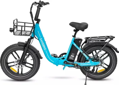 A studio shot of a blue electric bicycle against a white background.
