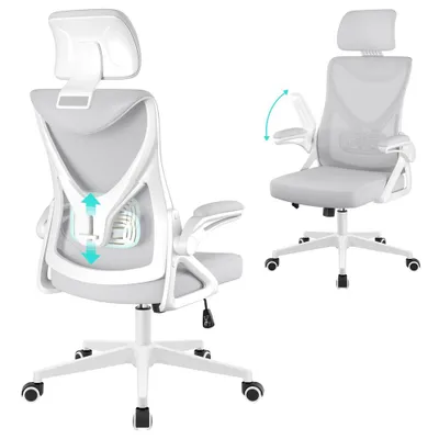 Produktbild von Yaheetech Ergonomischer Bürostuhl Schreibtischstuhl mit klappbaren Armlehnen, Drehstuhl mit verstellbarer Kopfstütze, bis 136 kg, Hellgrau