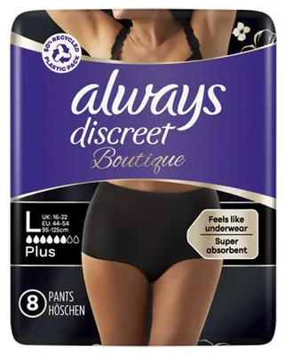 Obrázok produktu pre Balenie 4 kusov: 8 kusov dámskych vložiek Always Discreet Boutique, čierna farba, veľkosť L