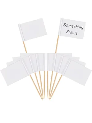 Produktbild von Blanko-Zahnstocherfähnchen, Käsemarker, weiße Fähnchen zur Kennzeichnung von Partykuchen, Speisen, Käseplatten und Vorspeisen (100 Stück)