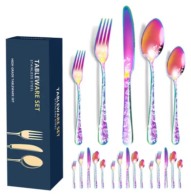 Produktbild von 20 Teiliges Besteck Set, Besteckset inkl, mit Messer Gabel Löffel, Spiegel Polierter Spülmaschinenfest,Buntes Muster,für Hause, Bankett, Hochzeit