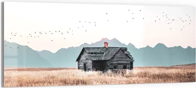 Produktbild von DEQORI Glasbild Echtglas 150x60 cm 'Stille Feldhütte' Wandbild Bild modern Deko
