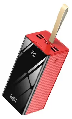 A red and black BOT power bank with a digital display showing '100' and a gold strap.