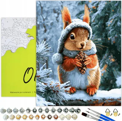 Produktbild von Malen nach Zahlen Erwachsene & Kinder Tiere Eichhörnchen Winter 50x40 - 32 Acrylfarben, Leinwand mit Holzrahmen, 3 Pinseln und Zubehör Oh Art!