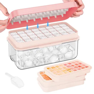 Immagine prodotto di Stampo per cubetti di ghiaccio con coperchio e contenitore, capacità per 96 cubetti, 3 vaschette, colore rosa