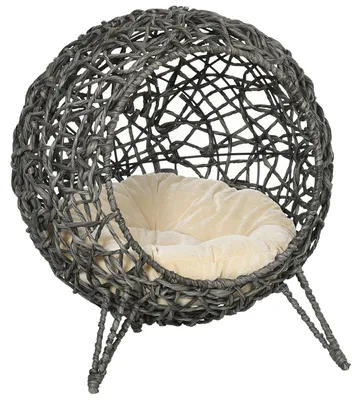 Image de Panier chat lit suršŠlevšŠ chat cosy niche grotte grand confort dim. ? 52 x 58H cm coussin moelleux inclus ršŠsine tressšŠe imitation rotin gris