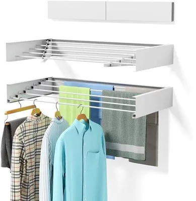 Produktbild von FastShopping - Wäschetrockner Klappwandmontage 80 cm breit - Bekleidungstrockner mit 5 Aluminiumstangen und 60 kg Kapazität - Kompakt und Raumblasen