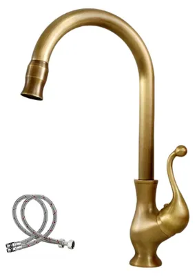 Produktbild von 360° drehbarer Wasserhahn für die Küche aus antikem Messing, hohe Küchenarmatur in Bronze, Retro Einhebelmischbatterie für Spültische mit hohem Bogenauslauf