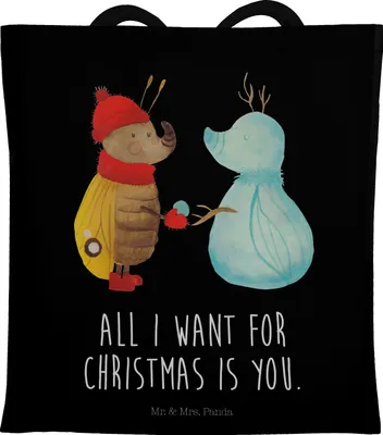 Produktbild von Mr. & Mrs. Panda Tote Bag Nachtfalter Schneemann - Schwarz - Geschenk, Stoffbeutel, Weihnachten, Winter, Einkaufstasche, Schnee, Shopping Tasche, Winterzeit, Laptoptasche