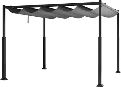Obrázek produktu pro 310 x 310 cm stahovací zahradní pergola, kovový přístřešek se stahovací sluneční stříškou a robustními sloupy, přístřešek, šedá + černá barva