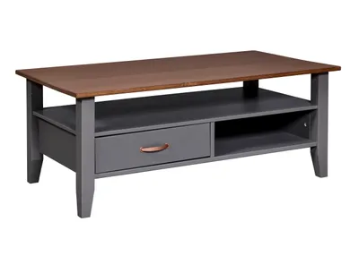 A coffee table with a drawer and shelf.