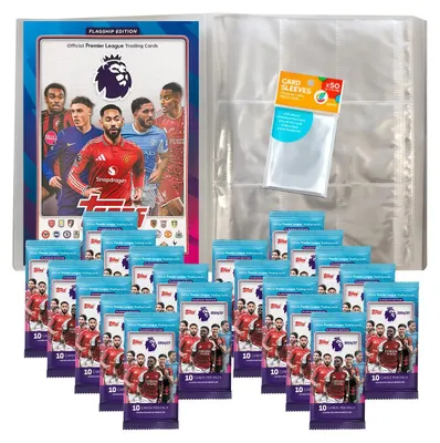 Obrázek produktu pro Sada pro sběratele karet Premier League 2026/27 – 1 prázdný sběratelský album + 20 boosterů + exkluzivní ochranné obaly